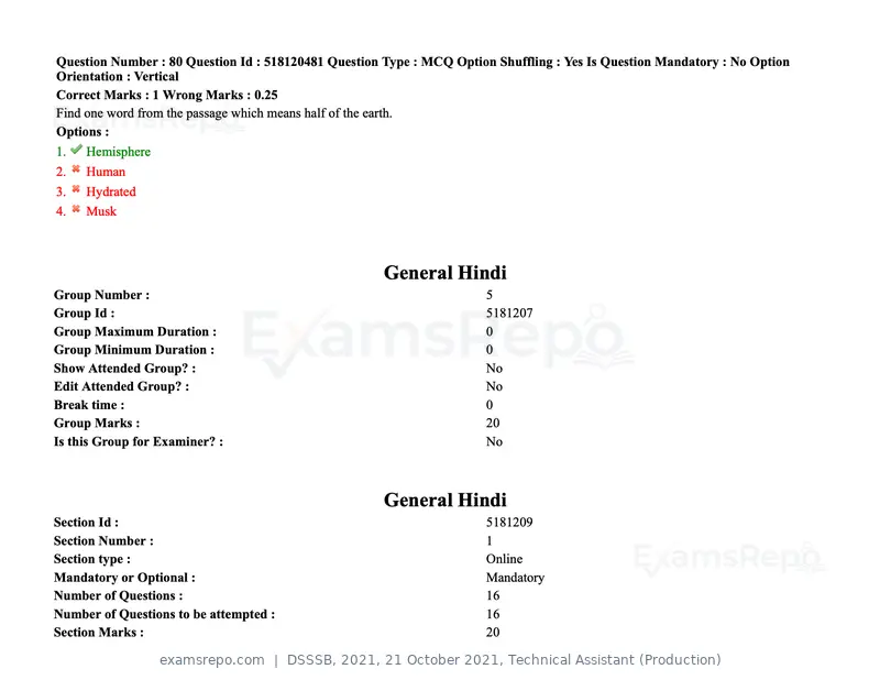 DSSSB 2021 question paper, 21 October 2021, Technical Assistant (Production), page 67 of 151