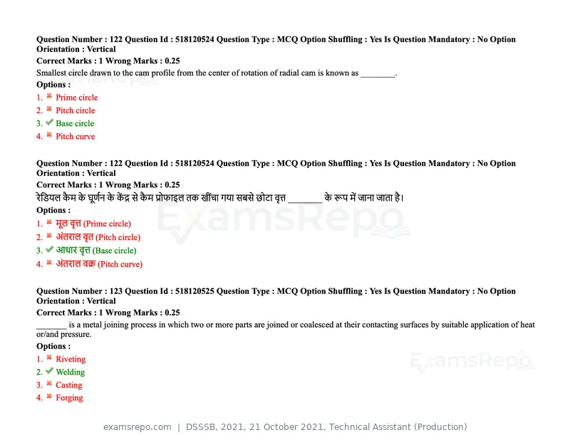 DSSSB 2021 question paper, 21 October 2021, Technical Assistant (Production), page 97 of 151