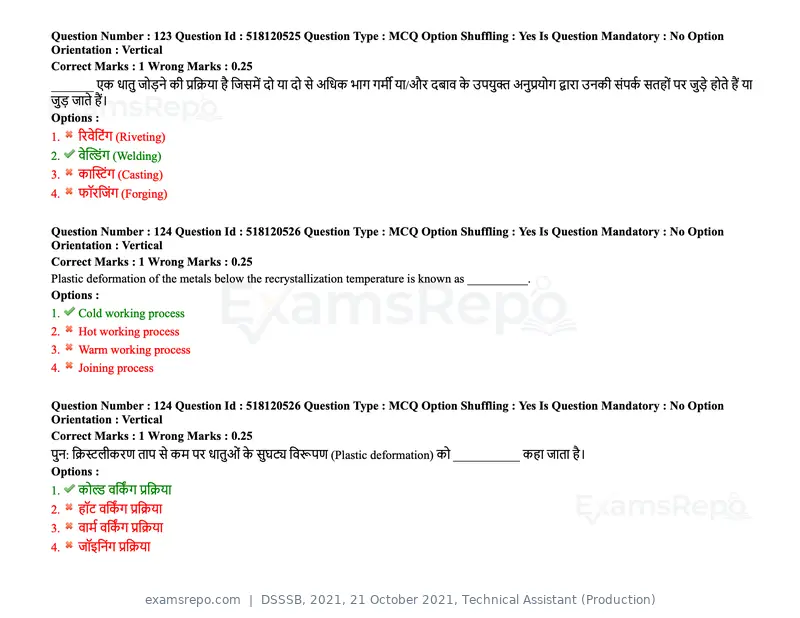 DSSSB 2021 question paper, 21 October 2021, Technical Assistant (Production), page 98 of 151