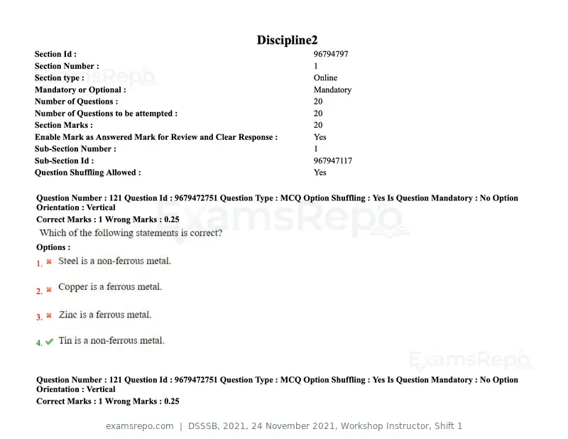 DSSSB 2021 question paper, 24 November 2021, Workshop Instructor, Shift 1, page 116 of 206