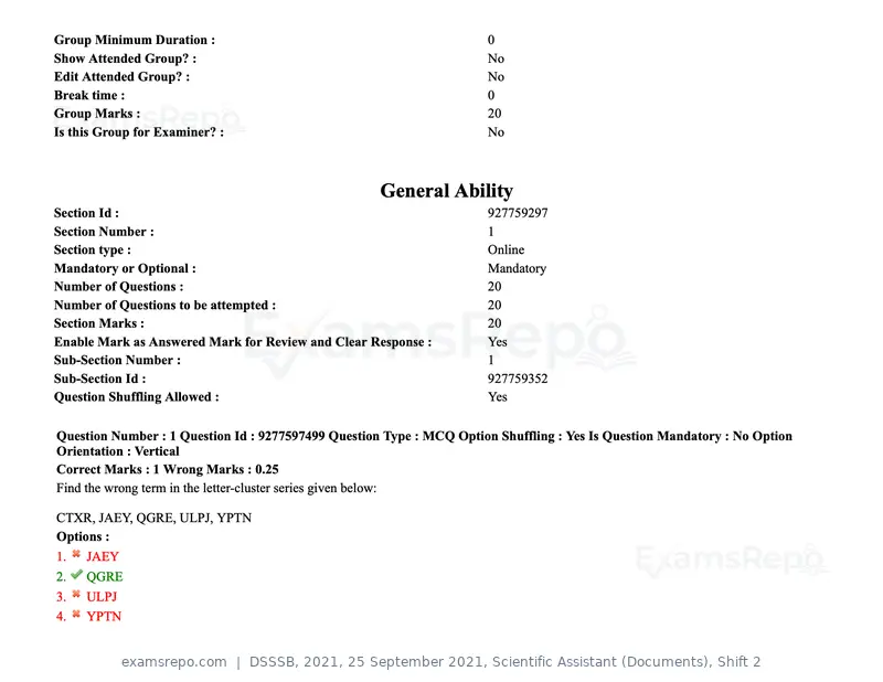 DSSSB 2021 question paper, 25 September 2021, Scientific Assistant (Documents), Shift 2, page 2 of 158