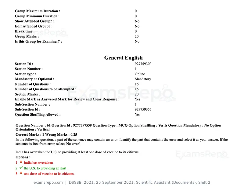 DSSSB 2021 question paper, 25 September 2021, Scientific Assistant (Documents), Shift 2, page 59 of 158