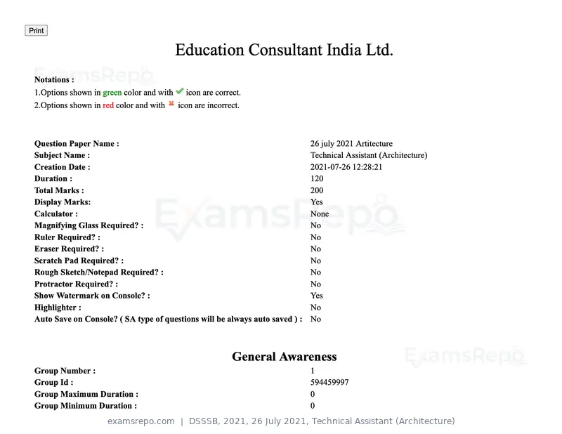 DSSSB 2021 question paper, 26 July 2021, Technical Assistant (Architecture), page 1 of 162