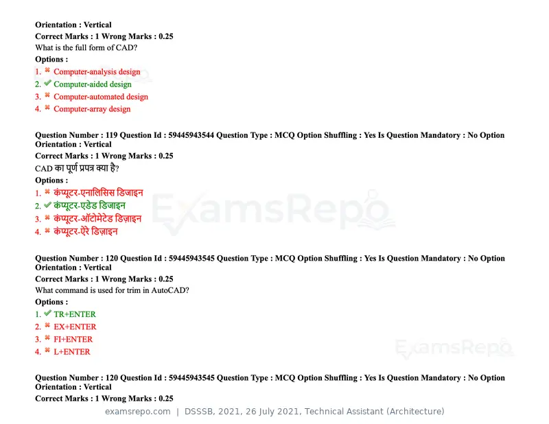 DSSSB 2021 question paper, 26 July 2021, Technical Assistant (Architecture), page 102 of 162