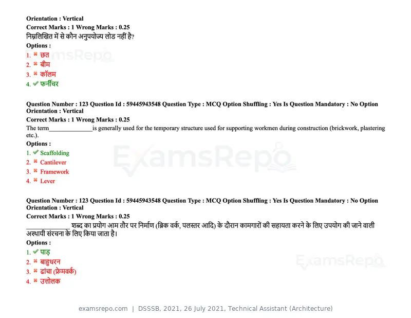 DSSSB 2021 question paper, 26 July 2021, Technical Assistant (Architecture), page 105 of 162