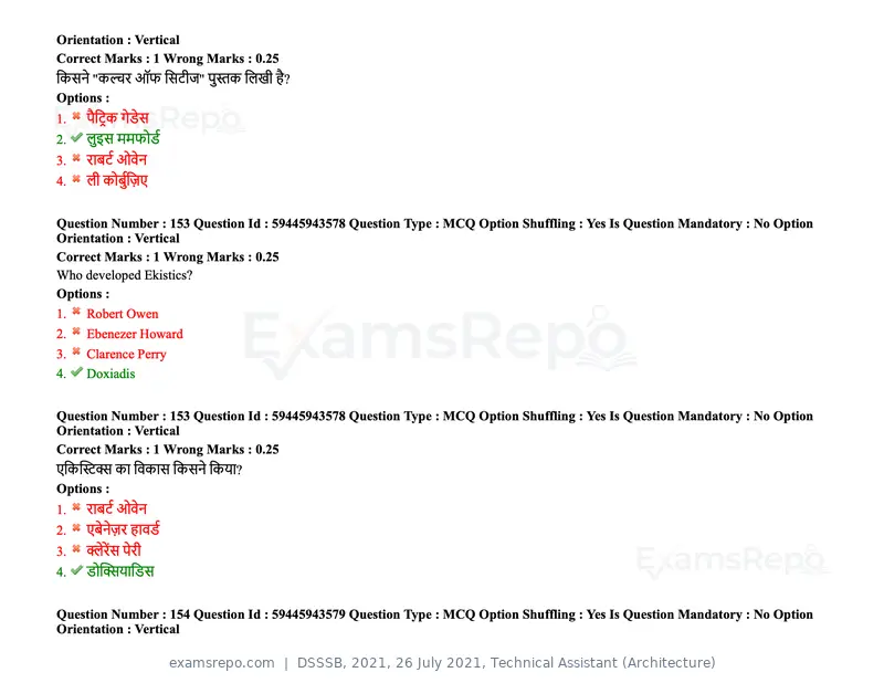 DSSSB 2021 question paper, 26 July 2021, Technical Assistant (Architecture), page 125 of 162