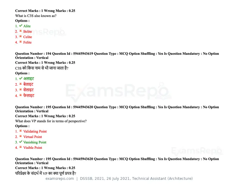 DSSSB 2021 question paper, 26 July 2021, Technical Assistant (Architecture), page 155 of 162