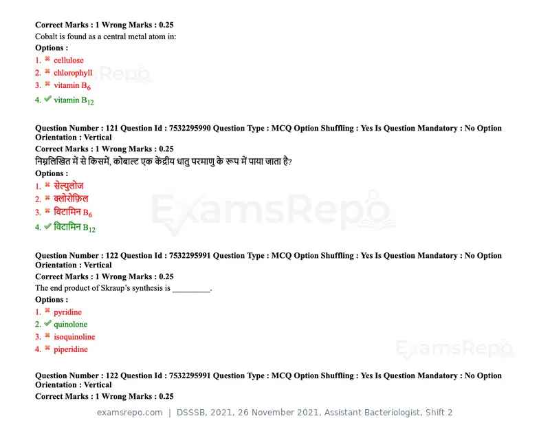 DSSSB 2021 question paper, 26 November 2021, Assistant Bacteriologist, Shift 2, page 108 of 164