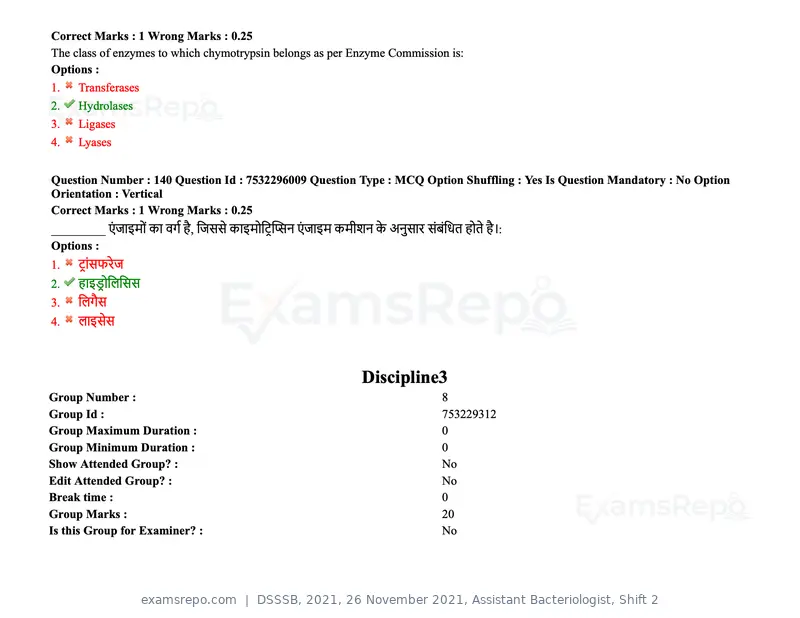 DSSSB 2021 question paper, 26 November 2021, Assistant Bacteriologist, Shift 2, page 121 of 164