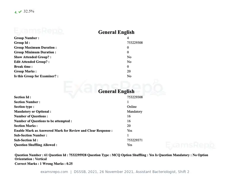 DSSSB 2021 question paper, 26 November 2021, Assistant Bacteriologist, Shift 2, page 61 of 164