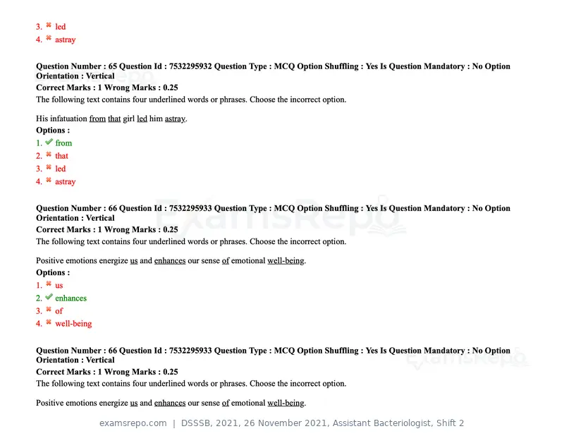 DSSSB 2021 question paper, 26 November 2021, Assistant Bacteriologist, Shift 2, page 65 of 164