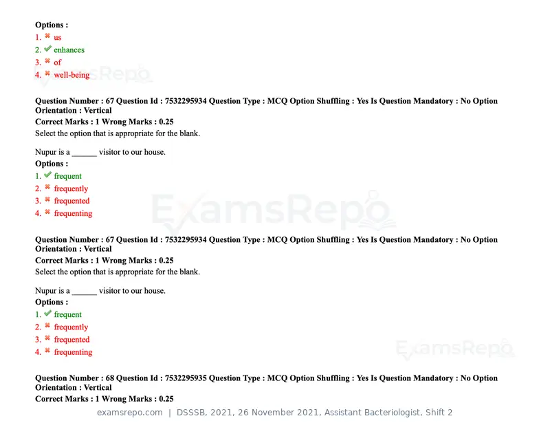 DSSSB 2021 question paper, 26 November 2021, Assistant Bacteriologist, Shift 2, page 66 of 164