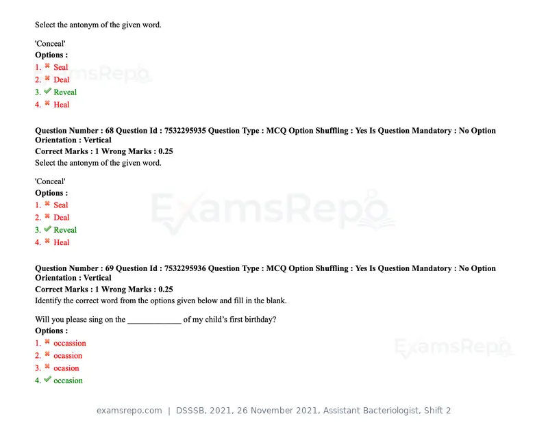 DSSSB 2021 question paper, 26 November 2021, Assistant Bacteriologist, Shift 2, page 67 of 164