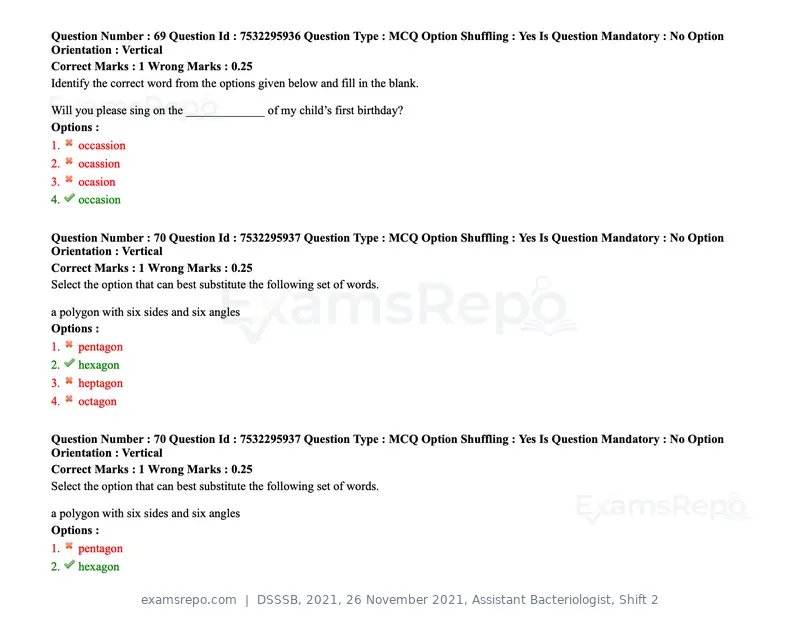 DSSSB 2021 question paper, 26 November 2021, Assistant Bacteriologist, Shift 2, page 68 of 164