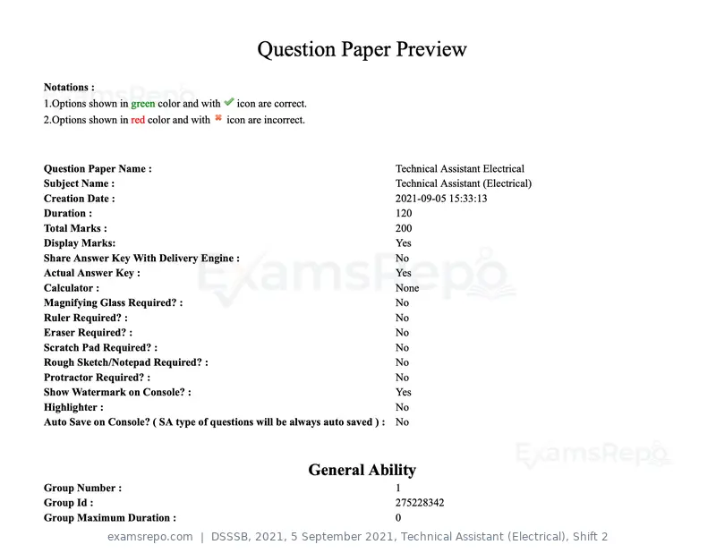 DSSSB 2021 question paper, 5 September 2021, Technical Assistant (Electrical), Shift 2, page 1 of 157