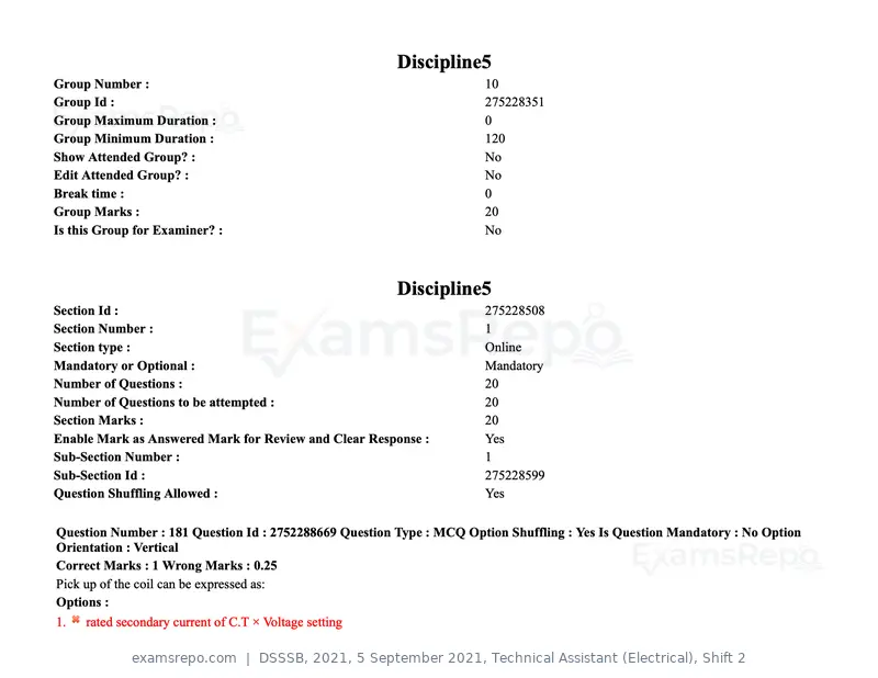 DSSSB 2021 question paper, 5 September 2021, Technical Assistant (Electrical), Shift 2, page 144 of 157
