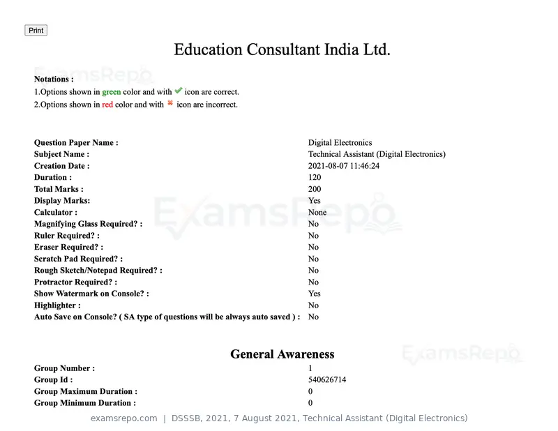 DSSSB 2021 question paper, 7 August 2021, Technical Assistant (Digital Electronics), page 1 of 156