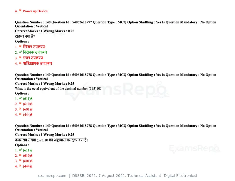 DSSSB 2021 question paper, 7 August 2021, Technical Assistant (Digital Electronics), page 121 of 156