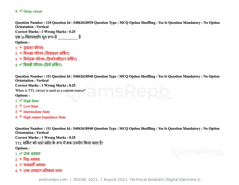 DSSSB 2021 question paper, 7 August 2021, Technical Assistant (Digital Electronics), page 95 of 156
