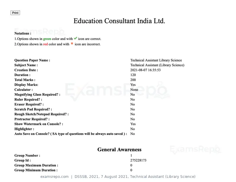DSSSB 2021 question paper, 7 August 2021, Technical Assistant (Library Science), page 1 of 159