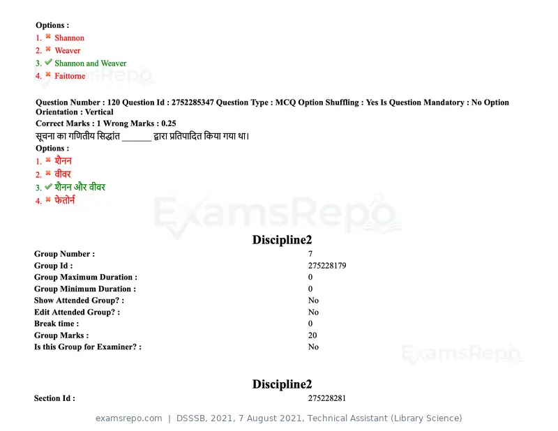 DSSSB 2021 question paper, 7 August 2021, Technical Assistant (Library Science), page 104 of 159