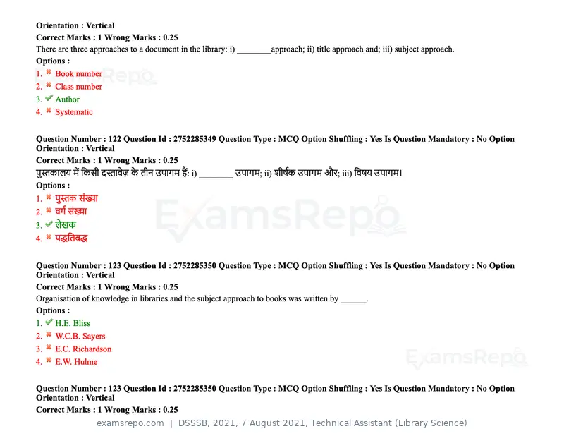 DSSSB 2021 question paper, 7 August 2021, Technical Assistant (Library Science), page 106 of 159