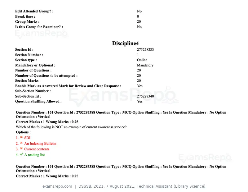 DSSSB 2021 question paper, 7 August 2021, Technical Assistant (Library Science), page 132 of 159