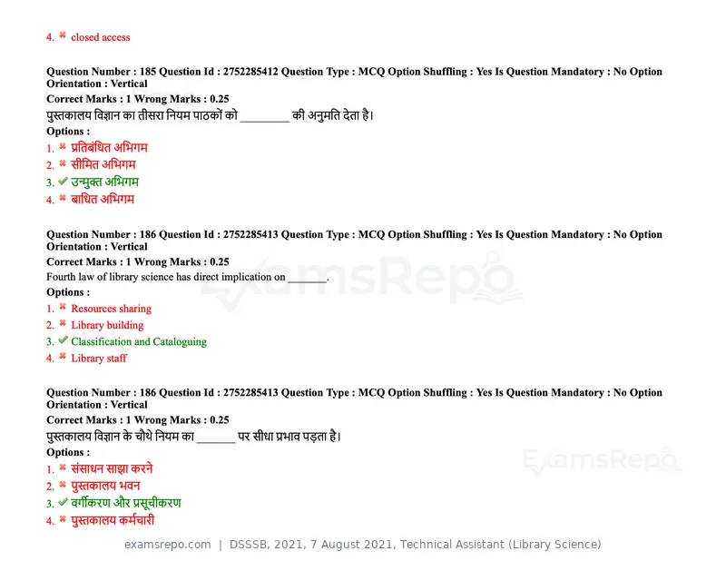 DSSSB 2021 question paper, 7 August 2021, Technical Assistant (Library Science), page 149 of 159