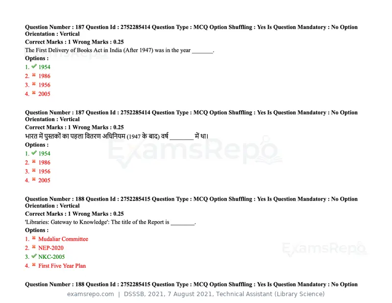 DSSSB 2021 question paper, 7 August 2021, Technical Assistant (Library Science), page 150 of 159
