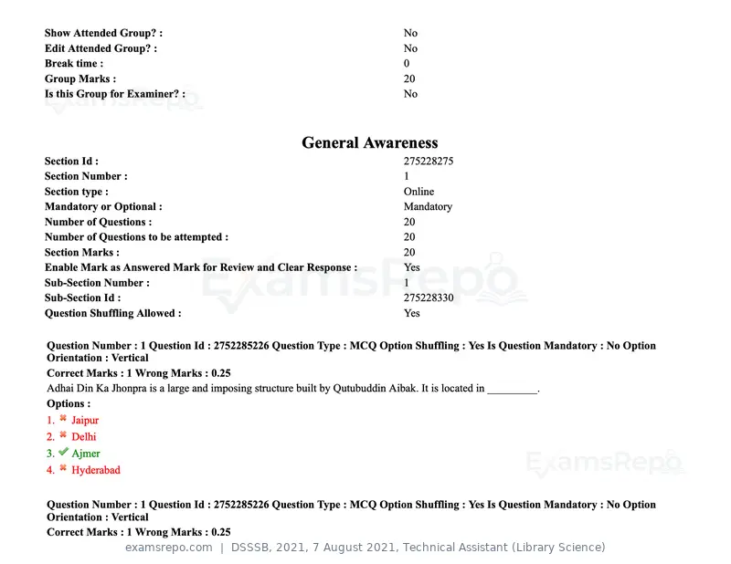 DSSSB 2021 question paper, 7 August 2021, Technical Assistant (Library Science), page 2 of 159