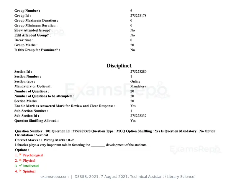 DSSSB 2021 question paper, 7 August 2021, Technical Assistant (Library Science), page 91 of 159