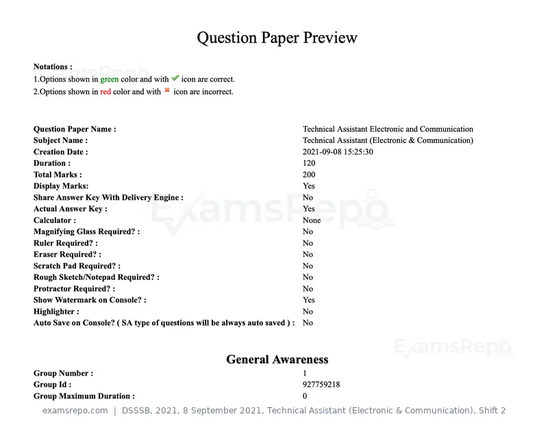 DSSSB 2021 question paper, 8 September 2021, Technical Assistant (Electronic & Communication), Shift 2, page 1 of 157