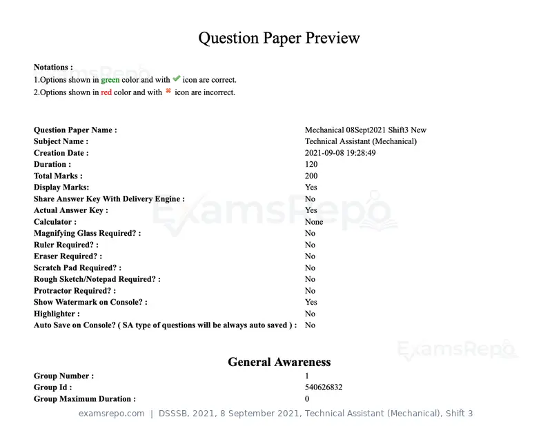 DSSSB 2021 question paper, 8 September 2021, Technical Assistant (Mechanical), Shift 3, page 1 of 158