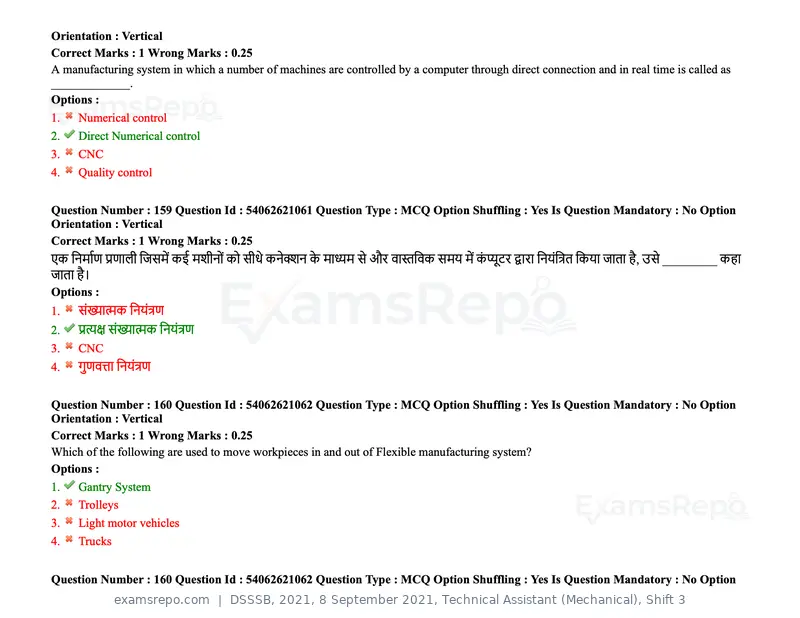 DSSSB 2021 question paper, 8 September 2021, Technical Assistant (Mechanical), Shift 3, page 130 of 158