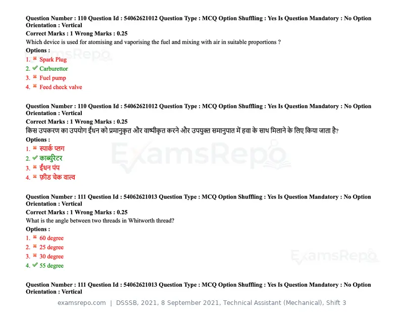DSSSB 2021 question paper, 8 September 2021, Technical Assistant (Mechanical), Shift 3, page 95 of 158
