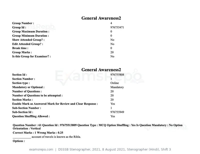 DSSSB Stenographer 2021 question paper, 8 August 2021, Stenographer (Hindi), Shift 3, page 60 of 171