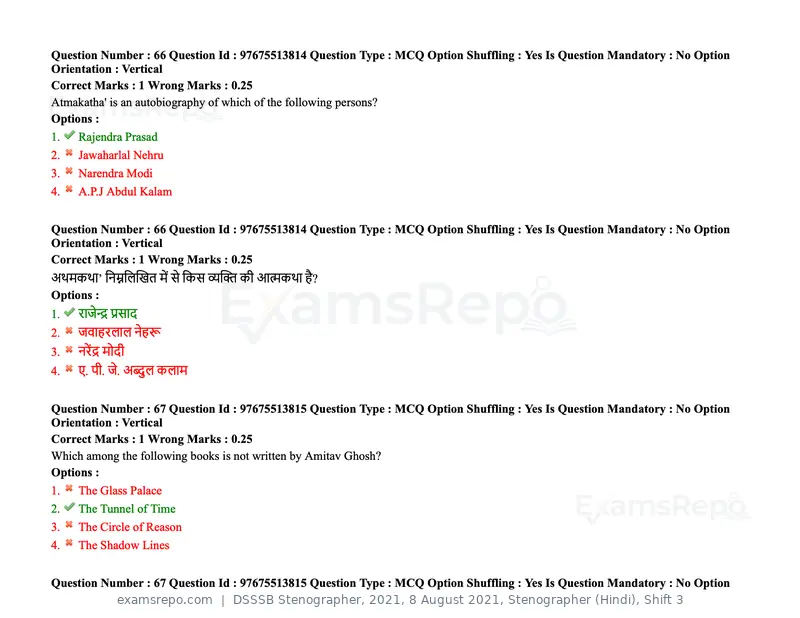 DSSSB Stenographer 2021 question paper, 8 August 2021, Stenographer (Hindi), Shift 3, page 64 of 171