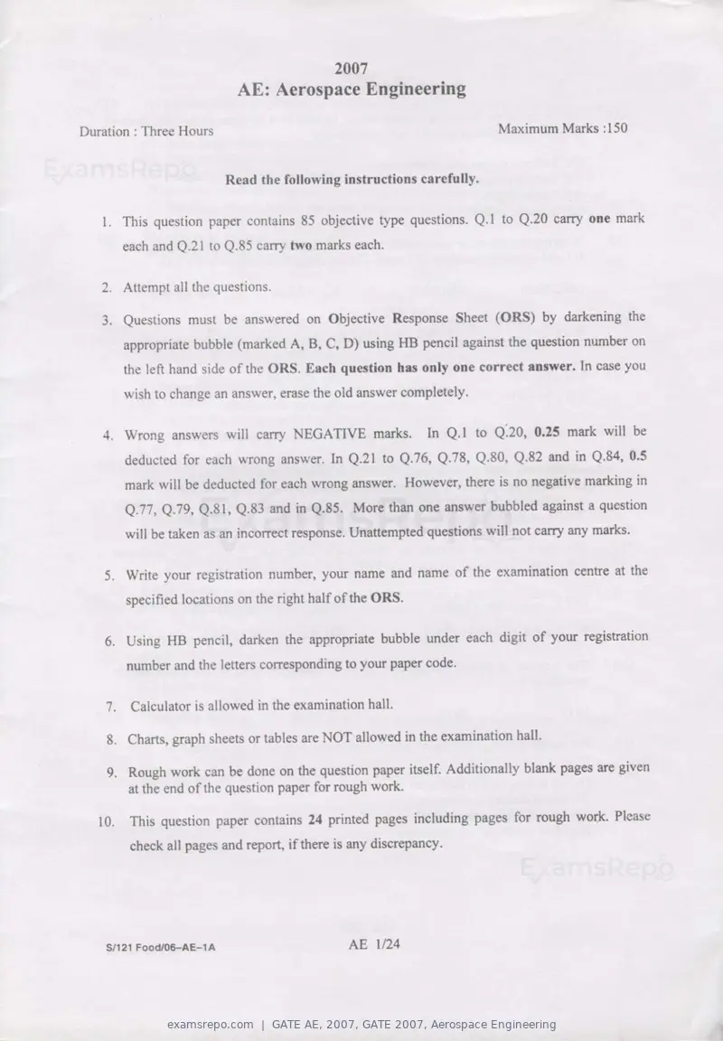 GATE AE 2007 question paper, GATE 2007, Aerospace Engineering, page 1 of 21