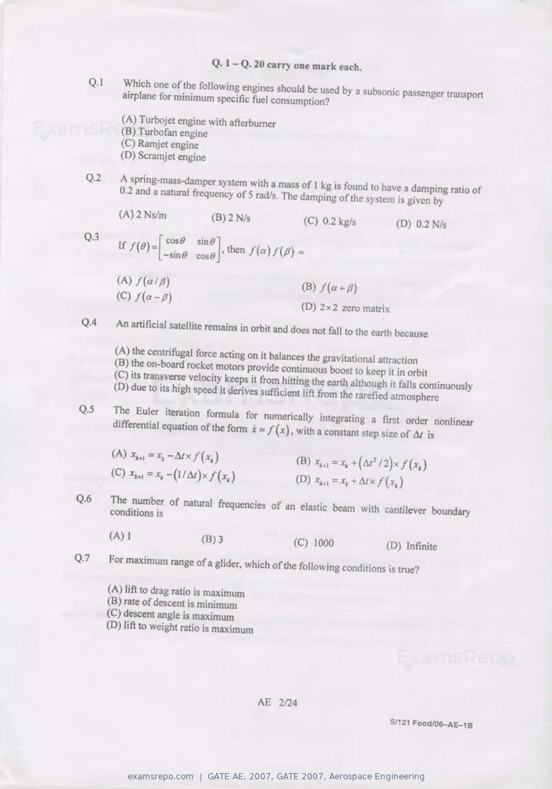 GATE AE 2007 question paper, GATE 2007, Aerospace Engineering, page 2 of 21