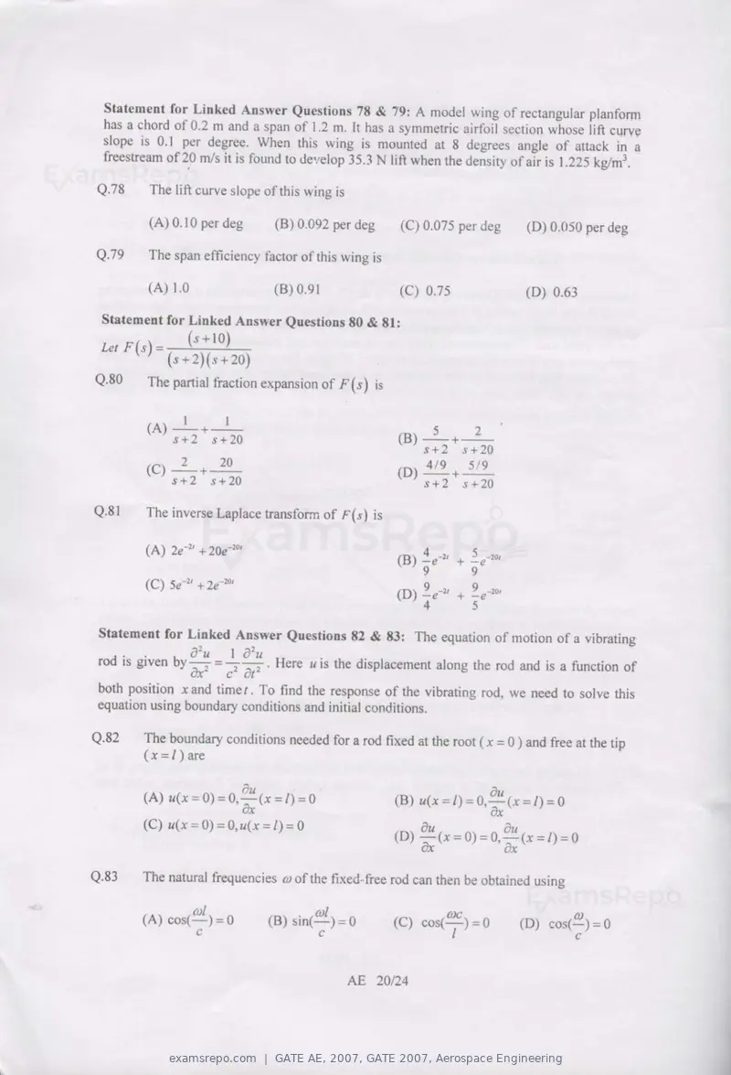 GATE AE 2007 question paper, GATE 2007, Aerospace Engineering, page 20 of 21