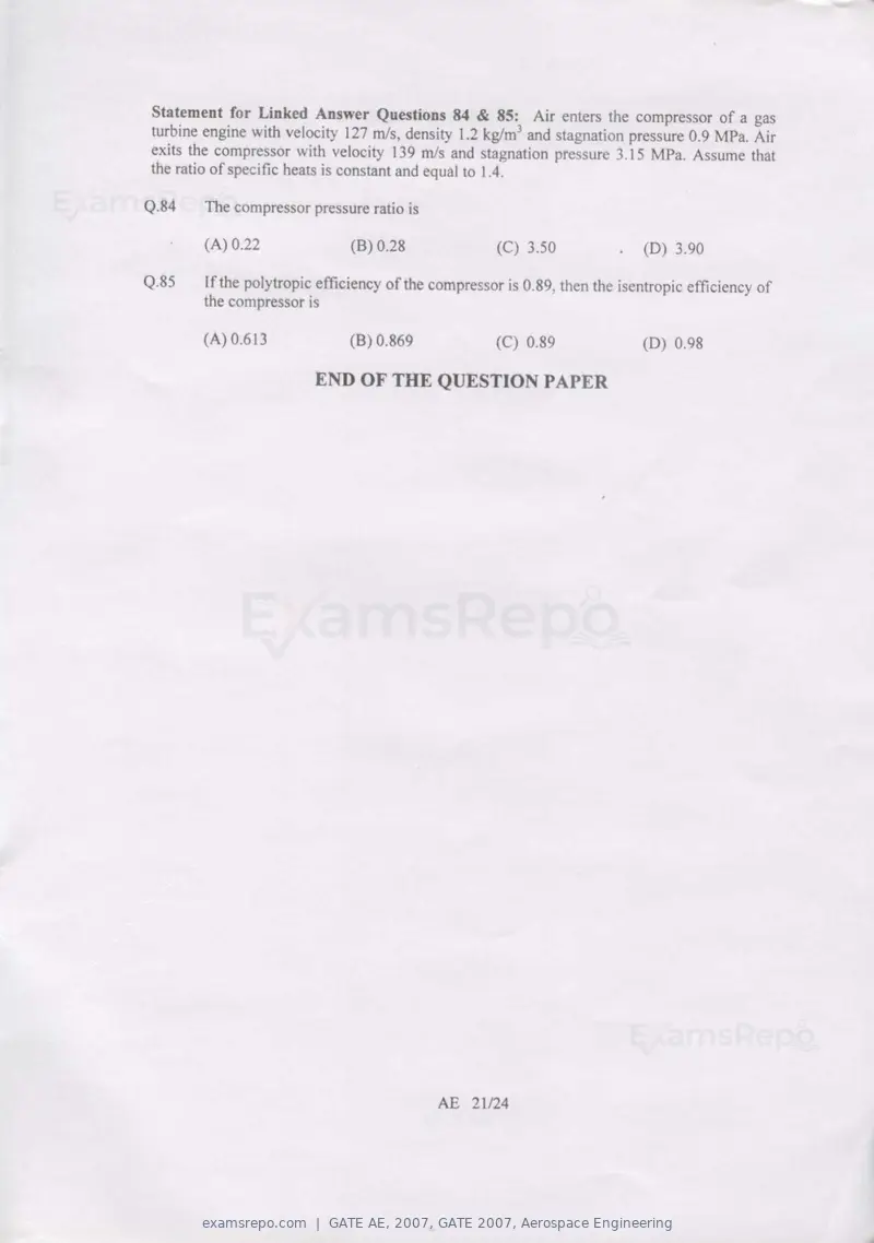 GATE AE 2007 question paper, GATE 2007, Aerospace Engineering, page 21 of 21