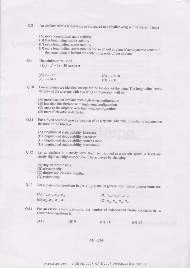 GATE AE 2007 question paper, GATE 2007, Aerospace Engineering, page 3 of 21