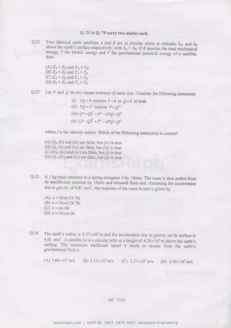 GATE AE 2007 question paper, GATE 2007, Aerospace Engineering, page 5 of 21