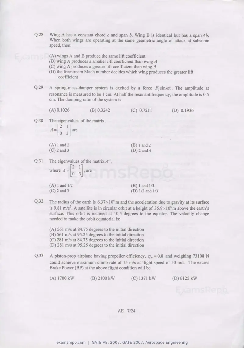 GATE AE 2007 question paper, GATE 2007, Aerospace Engineering, page 7 of 21