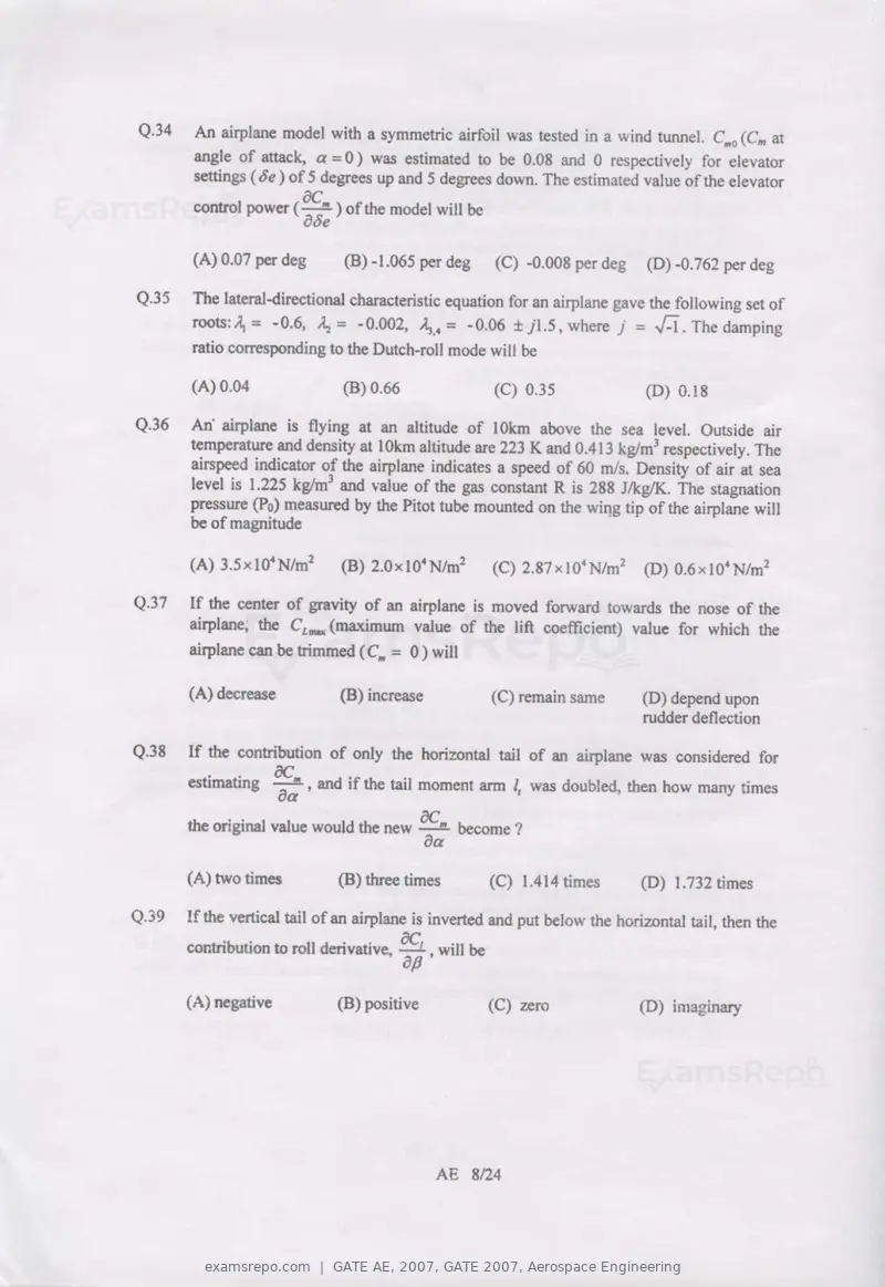 GATE AE 2007 question paper, GATE 2007, Aerospace Engineering, page 8 of 21