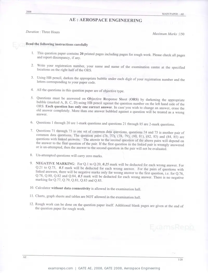 GATE AE 2008 question paper, GATE 2008, Aerospace Engineering, page 1 of 14
