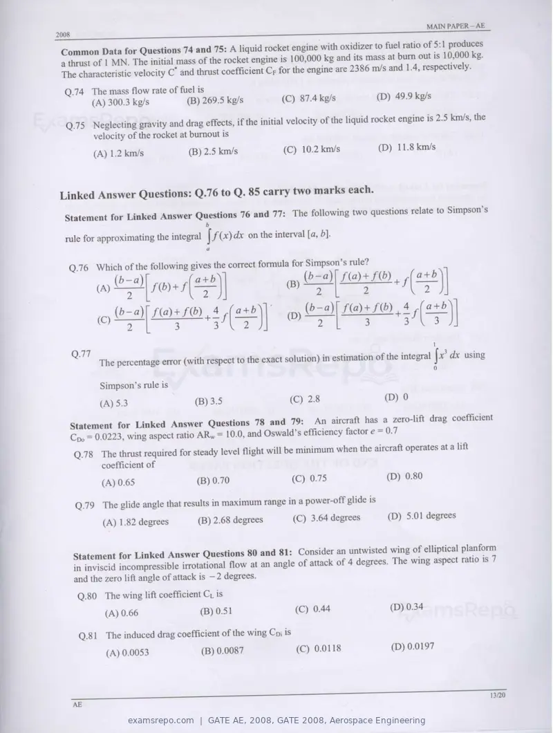 GATE AE 2008 question paper, GATE 2008, Aerospace Engineering, page 13 of 14