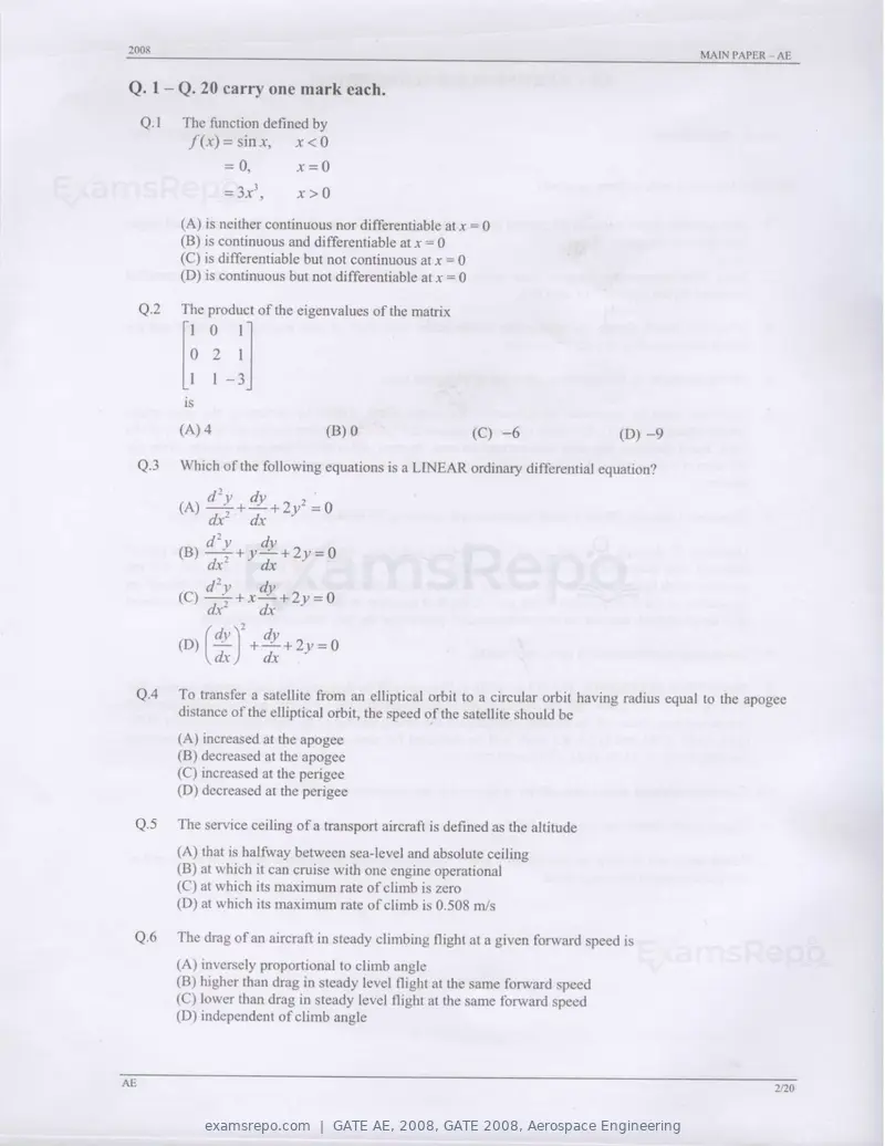 GATE AE 2008 question paper, GATE 2008, Aerospace Engineering, page 2 of 14