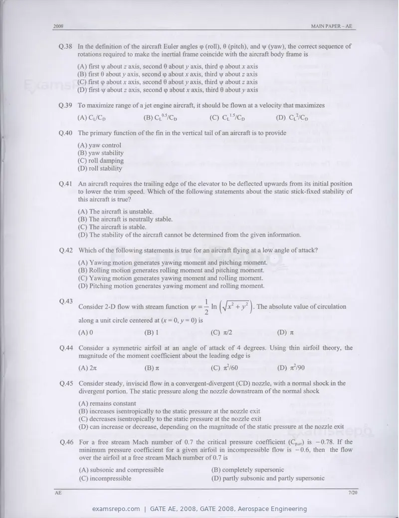 GATE AE 2008 question paper, GATE 2008, Aerospace Engineering, page 7 of 14