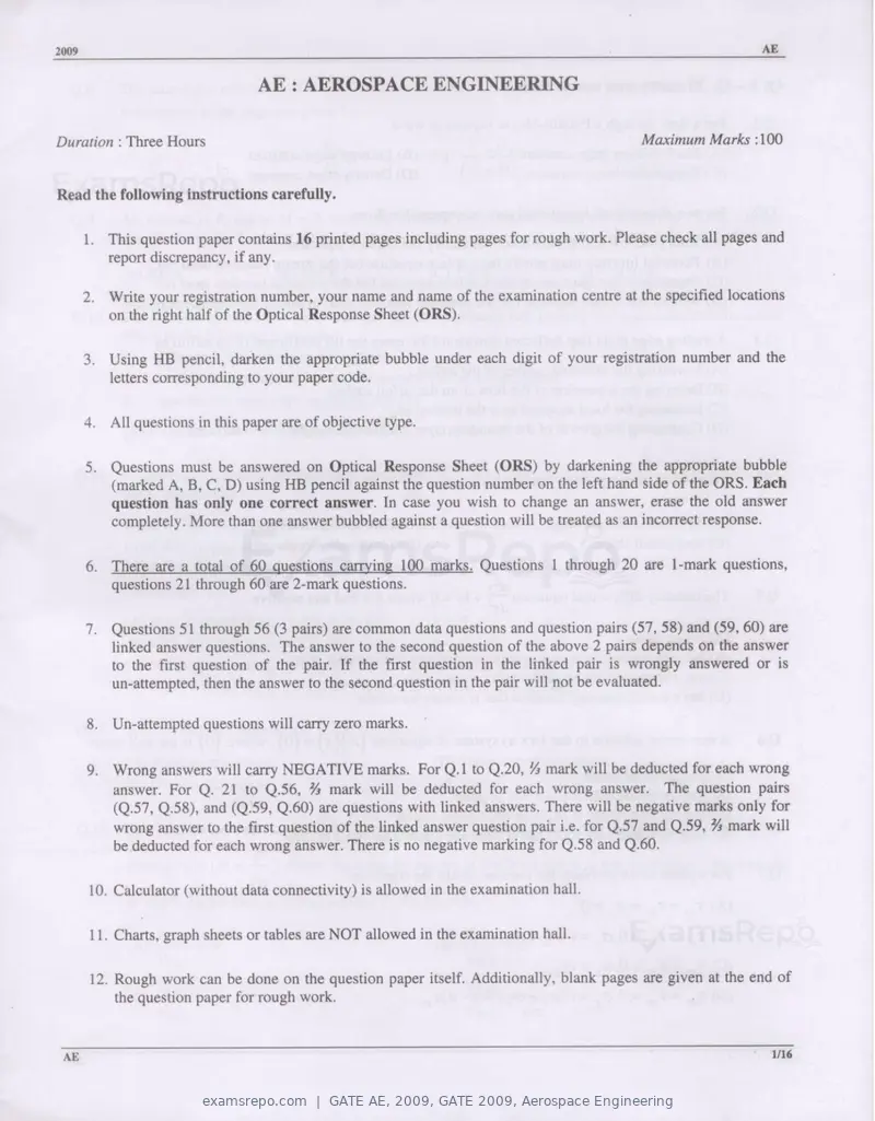 GATE AE 2009 question paper, GATE 2009, Aerospace Engineering, page 1 of 13